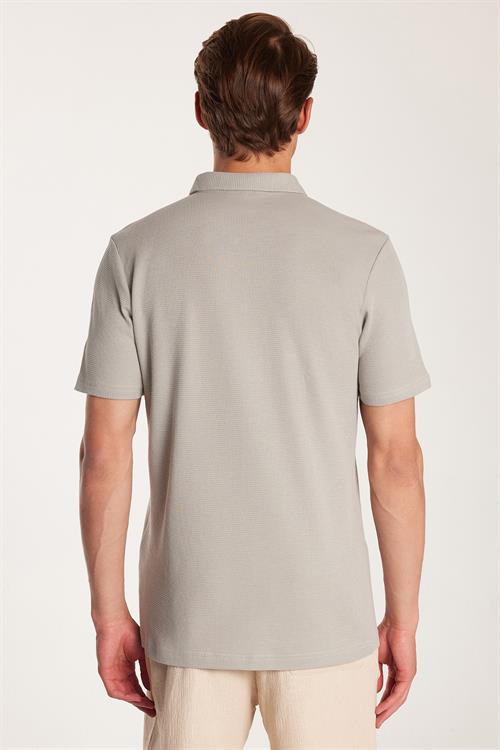 Erkek Slim Fit Dar Kesim %100 Pamuk Fermuarlı Gri Polo Yaka Tişört