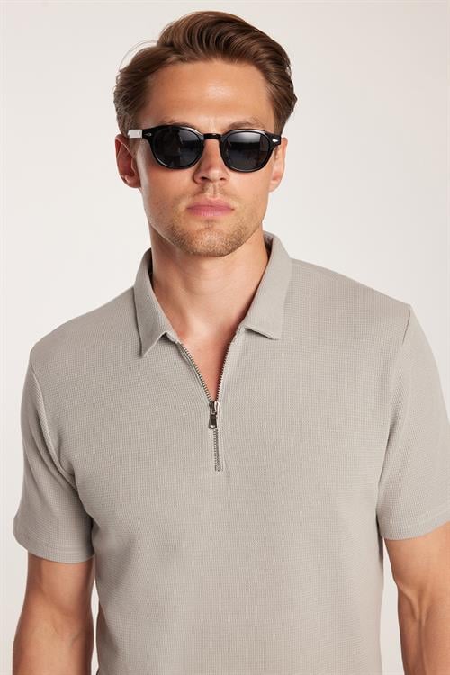 Erkek Slim Fit Dar Kesim %100 Pamuk Fermuarlı Gri Polo Yaka Tişört