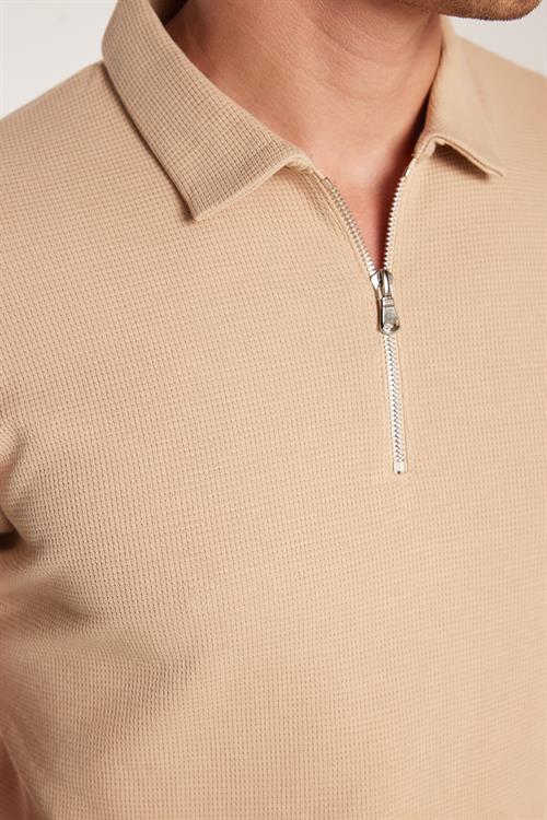Erkek Slim Fit Dar Kesim %100 Pamuk Fermuarlı Bej Polo Yaka Tişört
