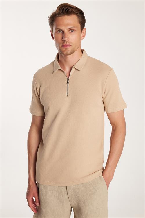Erkek Slim Fit Dar Kesim %100 Pamuk Fermuarlı Bej Polo Yaka Tişört