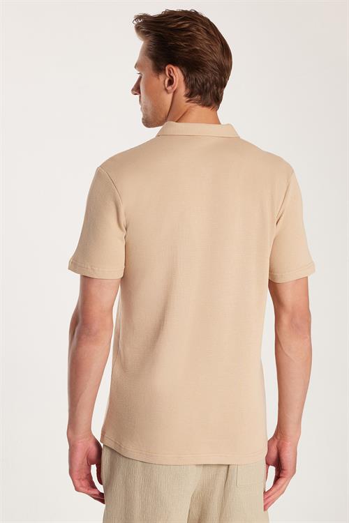 Erkek Slim Fit Dar Kesim %100 Pamuk Fermuarlı Bej Polo Yaka Tişört