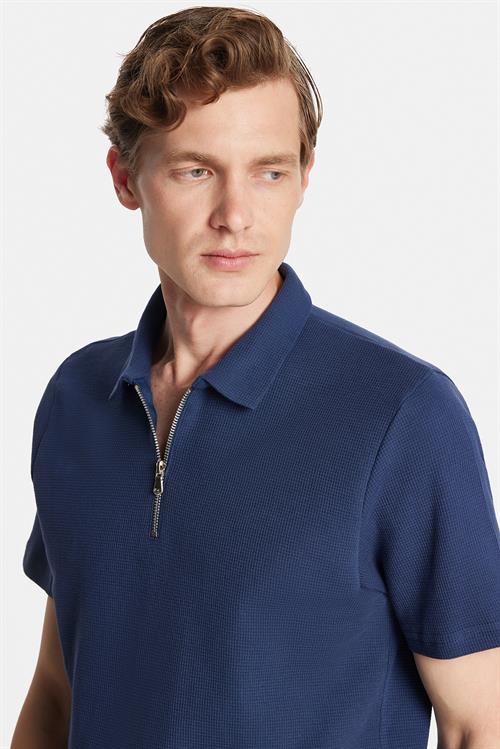 Erkek Slim Fit Dar Kesim %100 Pamuk Fermuarlı Lacivert Polo Yaka Tişört
