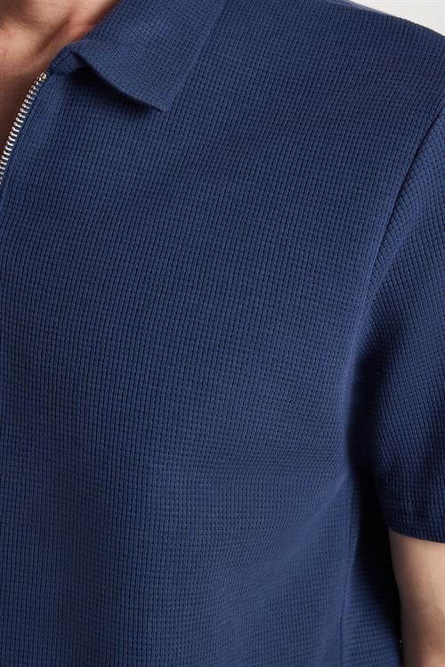 Erkek Slim Fit Dar Kesim %100 Pamuk Fermuarlı Lacivert Polo Yaka Tişört