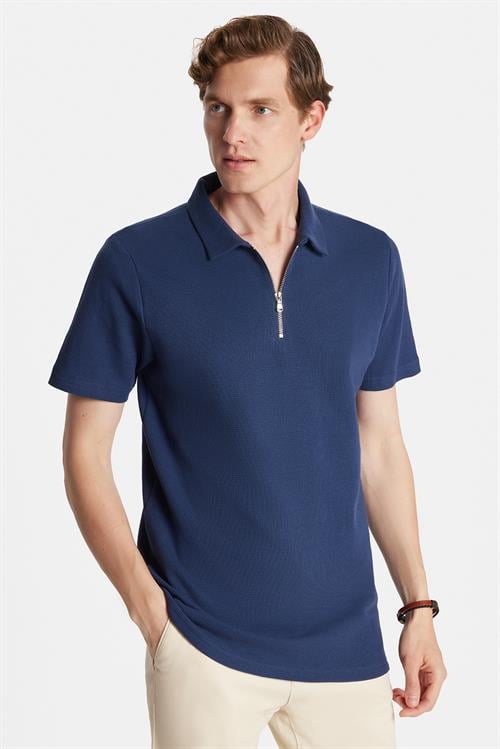 Erkek Slim Fit Dar Kesim %100 Pamuk Fermuarlı Lacivert Polo Yaka Tişört