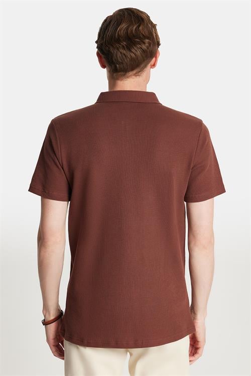 Erkek Slim Fit Dar Kesim %100 Pamuk Fermuarlı Kahverengi Polo Yaka Tişört