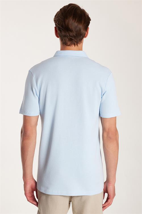 Erkek Slim Fit Dar Kesim %100 Pamuk Fermuarlı Mavi Polo Yaka Tişört