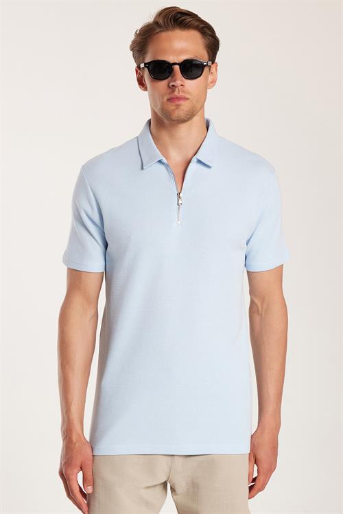 Erkek Slim Fit Dar Kesim %100 Pamuk Fermuarlı Mavi Polo Yaka Tişört