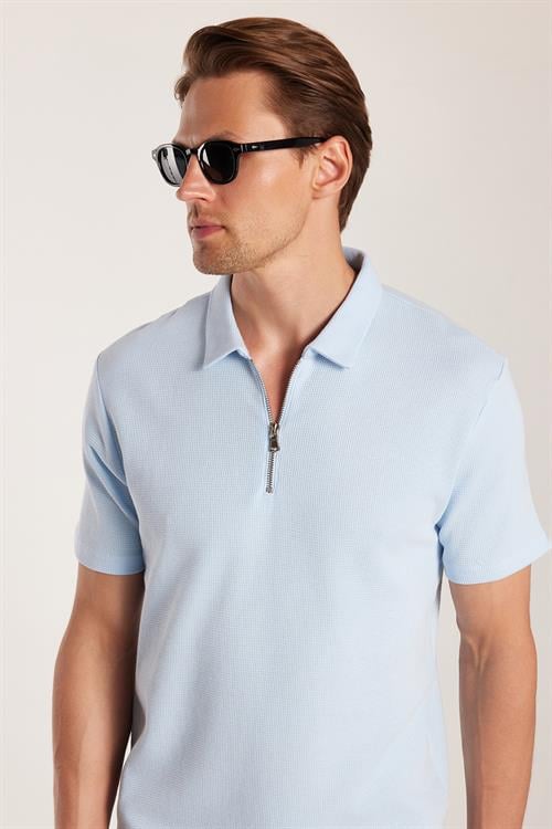 Erkek Slim Fit Dar Kesim %100 Pamuk Fermuarlı Mavi Polo Yaka Tişört