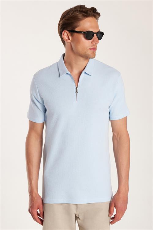 Erkek Slim Fit Dar Kesim %100 Pamuk Fermuarlı Mavi Polo Yaka Tişört
