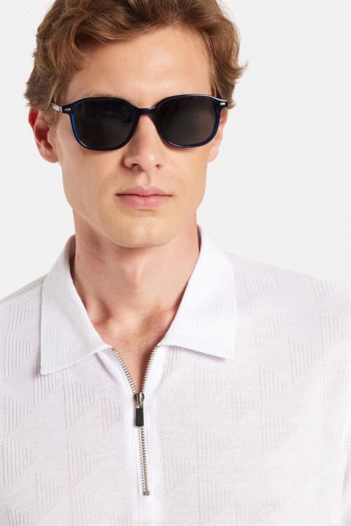 Erkek Slim Fit Dar Kesim Viskon Fermuarlı Polo Yaka Beyaz Tişört
