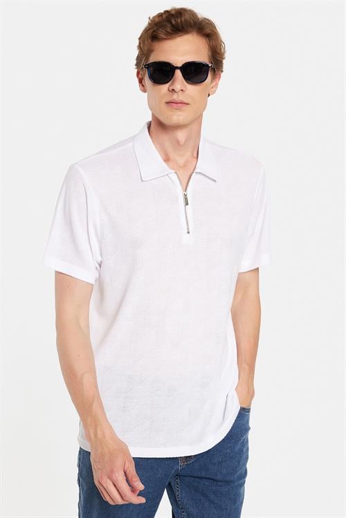 Erkek Slim Fit Dar Kesim Viskon Fermuarlı Polo Yaka Beyaz Tişört