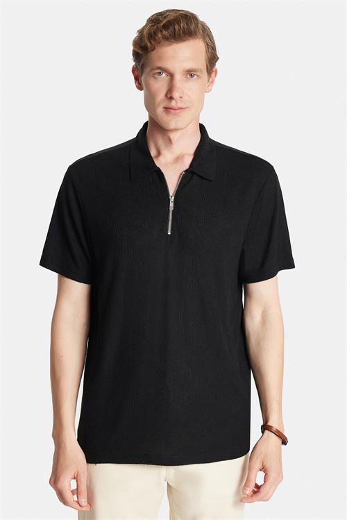 Erkek Slim Fit Dar Kesim Viskon Fermuarlı Polo Yaka Siyah Tişört