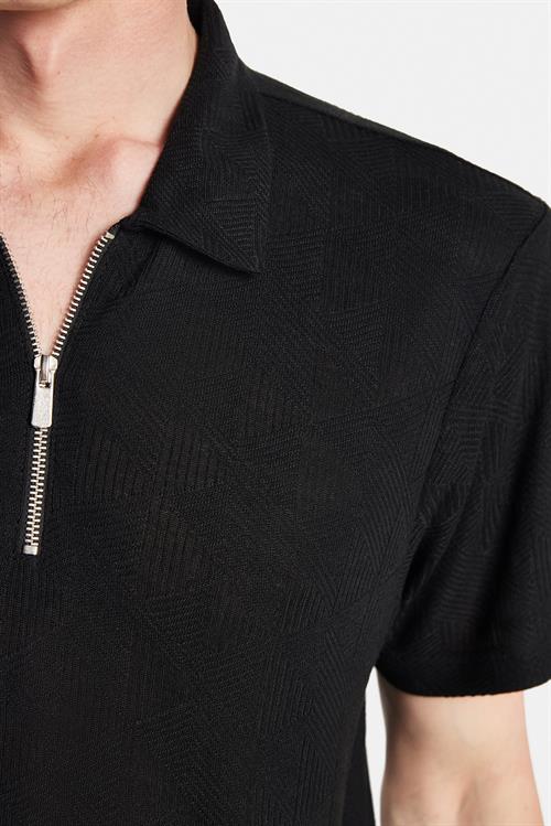 Erkek Slim Fit Dar Kesim Viskon Fermuarlı Polo Yaka Siyah Tişört
