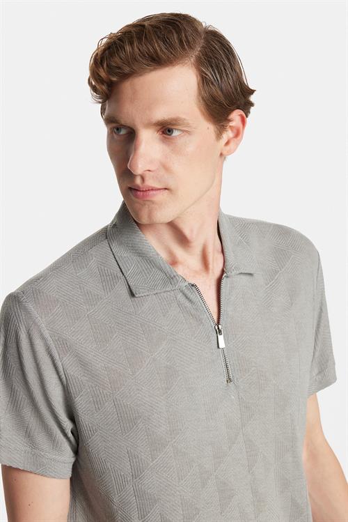 Erkek Slim Fit Dar Kesim Viskon Fermuarlı Polo Yaka Gri Tişört