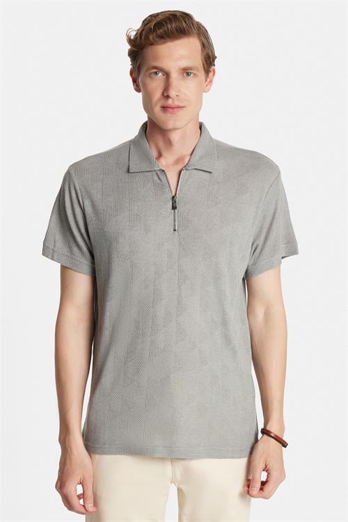 Erkek Slim Fit Dar Kesim Viskon Fermuarlı Polo Yaka Gri Tişört