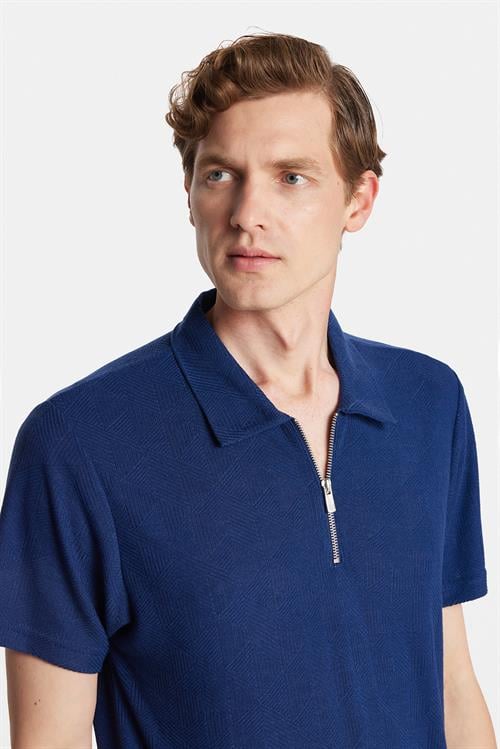 Erkek Slim Fit Dar Kesim Viskon Fermuarlı Polo Yaka Lacivert Tişört
