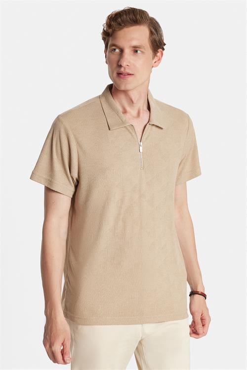 Erkek Slim Fit Dar Kesim Viskon Fermuarlı Polo Yaka Bej Tişört
