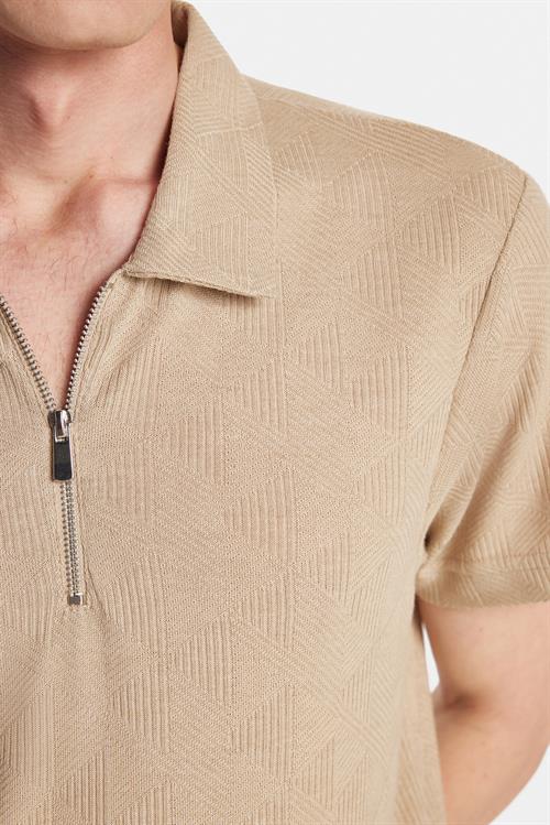 Erkek Slim Fit Dar Kesim Viskon Fermuarlı Polo Yaka Bej Tişört