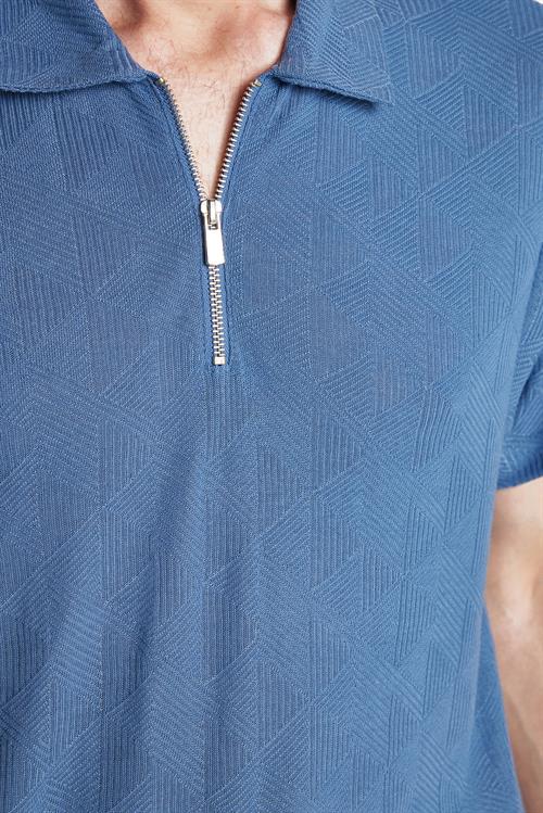 Erkek Slim Fit Dar Kesim Viskon Fermuarlı Polo Yaka Mavi Tişört