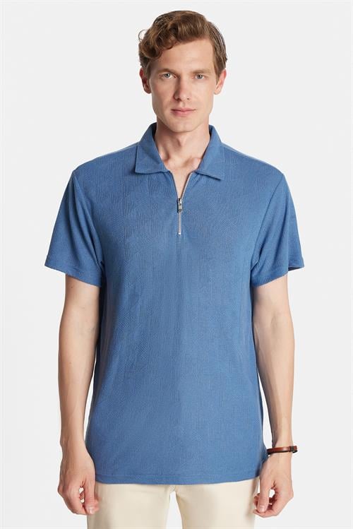 Erkek Slim Fit Dar Kesim Viskon Fermuarlı Polo Yaka Mavi Tişört