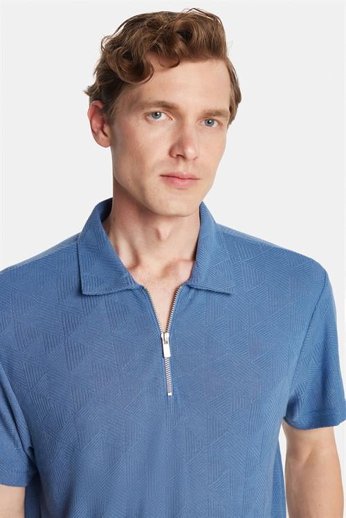 Erkek Slim Fit Dar Kesim Viskon Fermuarlı Polo Yaka Mavi Tişört