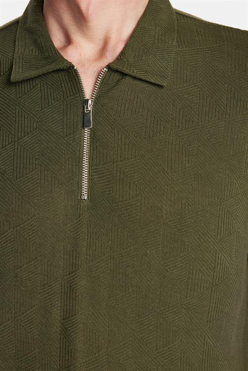 Erkek Slim Fit Dar Kesim Viskon Fermuarlı Polo Yaka Koyu Haki Tişört