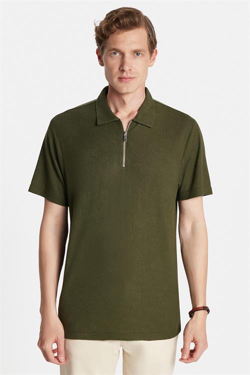 Erkek Slim Fit Dar Kesim Viskon Fermuarlı Polo Yaka Koyu Haki Tişört