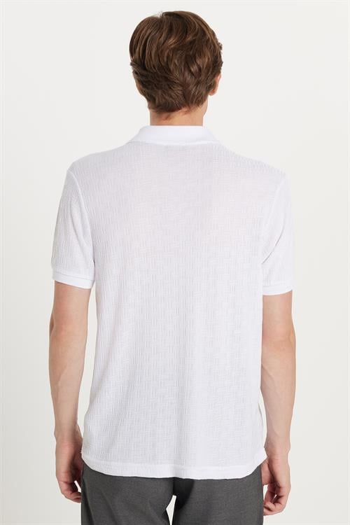 Erkek Slim Fit Dar Kesim Viskon Kumaş Desenli Düz Pike Düğmesiz Beyaz Polo Yaka Tişört