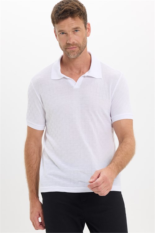 Erkek Slim Fit Dar Kesim Viskon Kumaş Desenli Düz Pike Düğmesiz Beyaz Polo Yaka Tişört