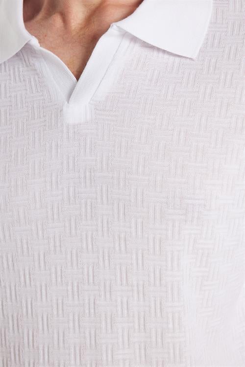 Erkek Slim Fit Dar Kesim Viskon Kumaş Desenli Düz Pike Düğmesiz Beyaz Polo Yaka Tişört
