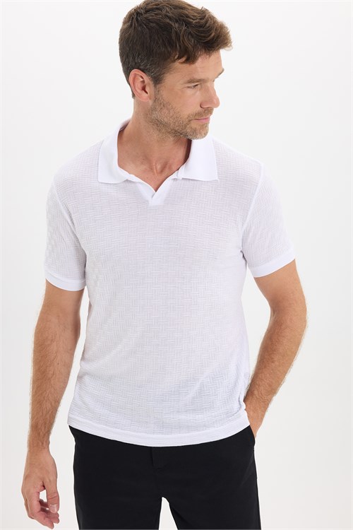 Erkek Slim Fit Dar Kesim Viskon Kumaş Desenli Düz Pike Düğmesiz Beyaz Polo Yaka Tişört