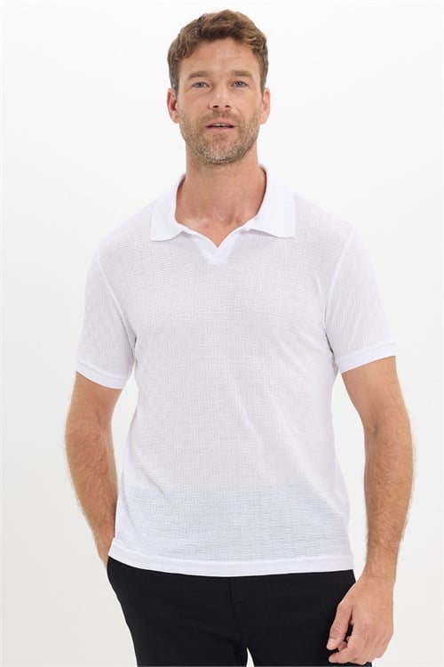 Erkek Slim Fit Dar Kesim Viskon Kumaş Desenli Düz Pike Düğmesiz Beyaz Polo Yaka Tişört