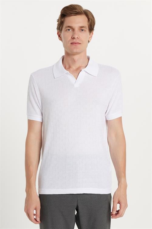 Erkek Slim Fit Dar Kesim Viskon Kumaş Desenli Düz Pike Düğmesiz Beyaz Polo Yaka Tişört
