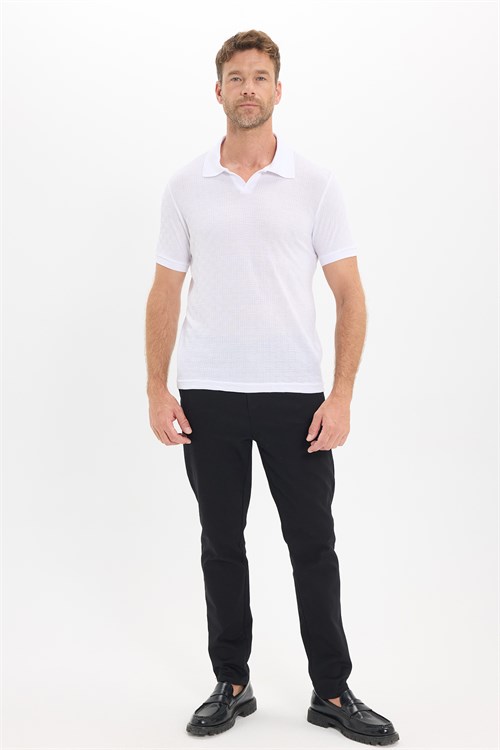 Erkek Slim Fit Dar Kesim Viskon Kumaş Desenli Düz Pike Düğmesiz Beyaz Polo Yaka Tişört
