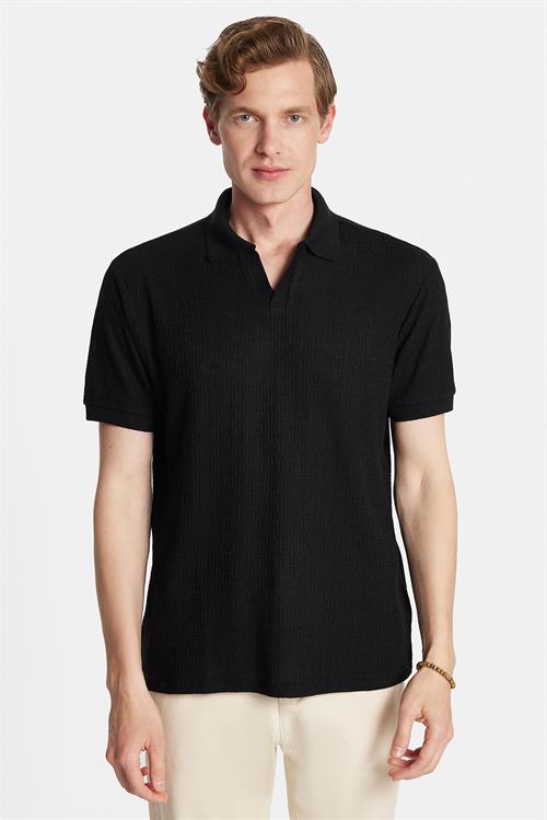 Erkek Slim Fit Dar Kesim Viskon Kumaş Desenli Düz Pike Düğmesiz Siyah Polo Yaka Tişört