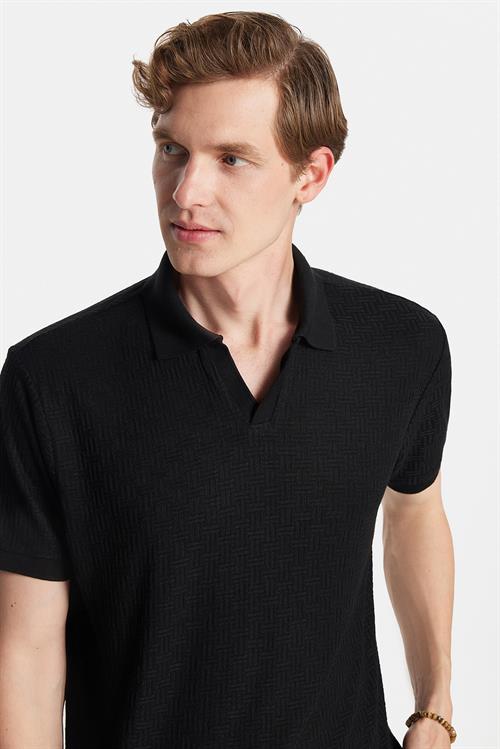 Erkek Slim Fit Dar Kesim Viskon Kumaş Desenli Düz Pike Düğmesiz Siyah Polo Yaka Tişört