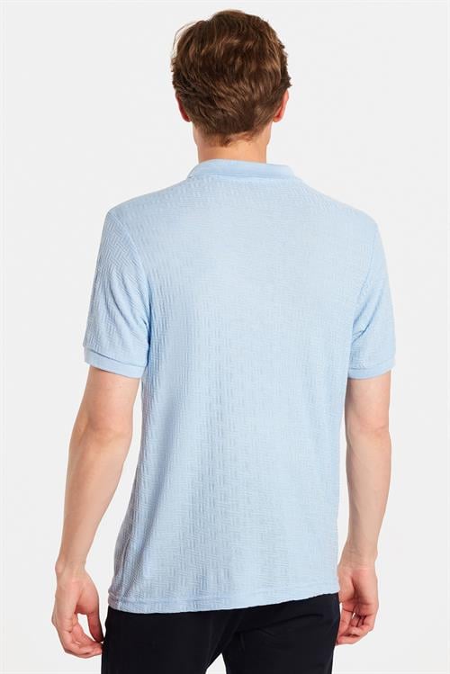 Erkek Slim Fit Dar Kesim Viskon Kumaş Desenli Düz Pike Düğmesiz Açık Mavi Polo Yaka Tişört