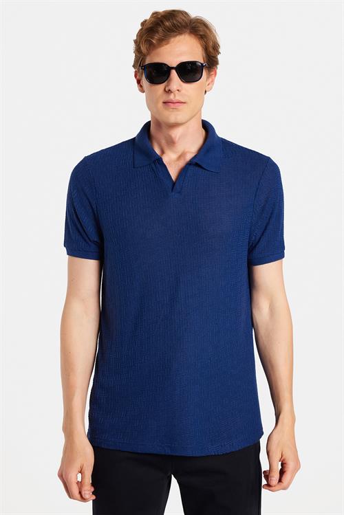 Erkek Slim Fit Dar Kesim Viskon Kumaş Desenli Düz Pike Düğmesiz Lacivert Polo Yaka Tişört