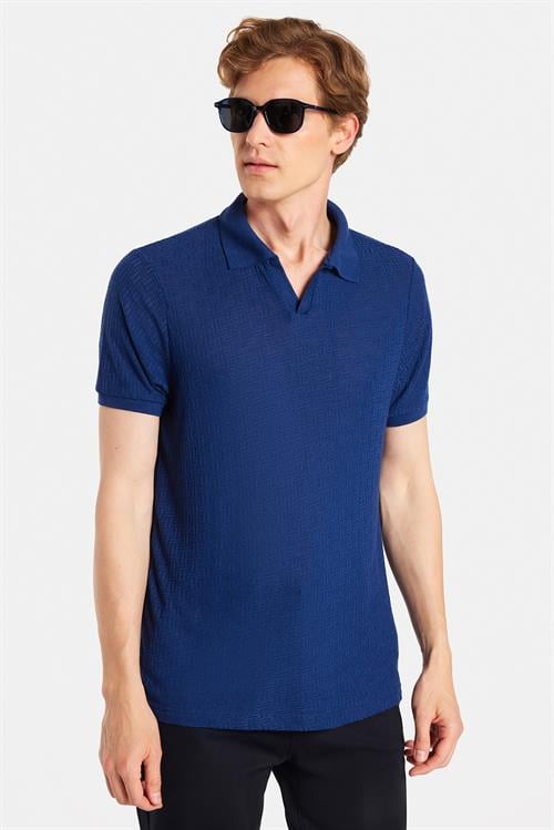 Erkek Slim Fit Dar Kesim Viskon Kumaş Desenli Düz Pike Düğmesiz Lacivert Polo Yaka Tişört