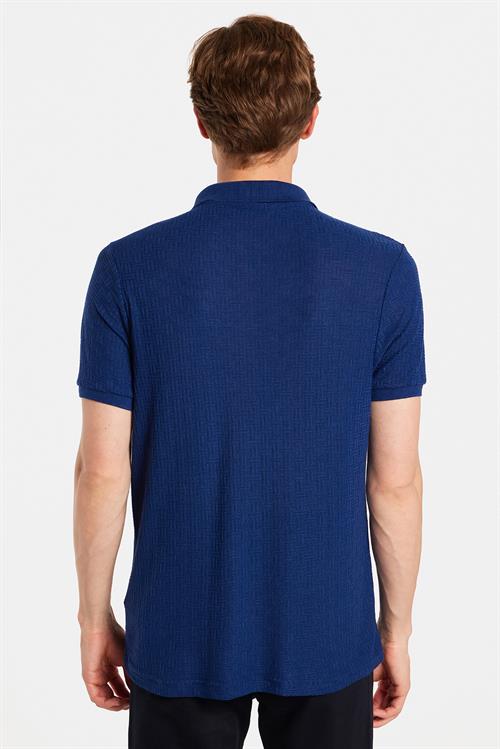 Erkek Slim Fit Dar Kesim Viskon Kumaş Desenli Düz Pike Düğmesiz Lacivert Polo Yaka Tişört
