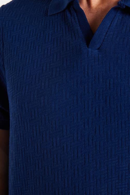 Erkek Slim Fit Dar Kesim Viskon Kumaş Desenli Düz Pike Düğmesiz Lacivert Polo Yaka Tişört