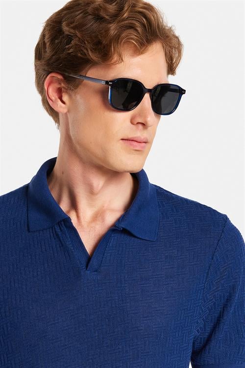 Erkek Slim Fit Dar Kesim Viskon Kumaş Desenli Düz Pike Düğmesiz Lacivert Polo Yaka Tişört