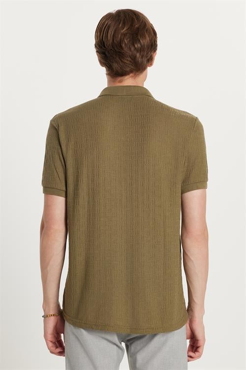 Erkek Slim Fit Dar Kesim Viskon Kumaş Desenli Düz Pike Düğmesiz Haki Polo Yaka Tişört