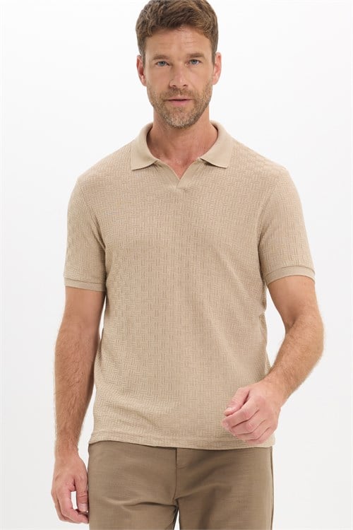 Erkek Slim Fit Dar Kesim Viskon Kumaş Desenli Düz Pike Düğmesiz Vizon Polo Yaka Tişört