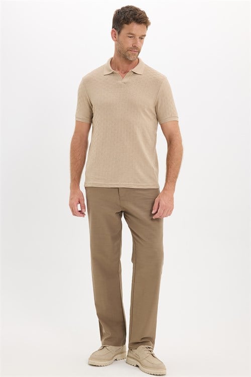 Erkek Slim Fit Dar Kesim Viskon Kumaş Desenli Düz Pike Düğmesiz Vizon Polo Yaka Tişört