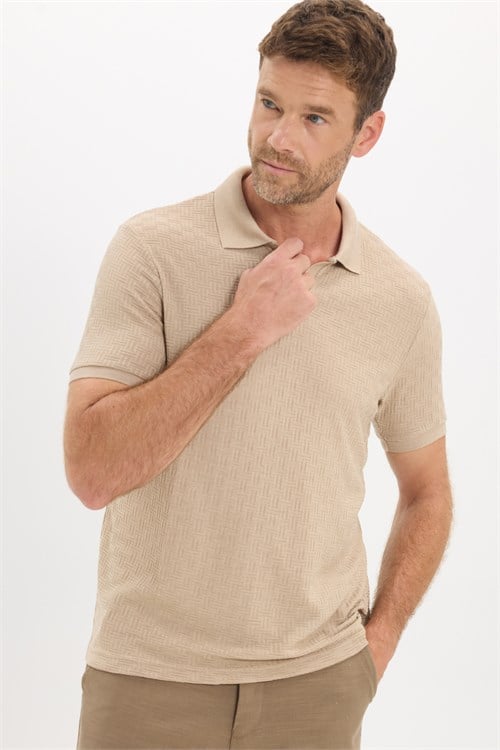 Erkek Slim Fit Dar Kesim Viskon Kumaş Desenli Düz Pike Düğmesiz Vizon Polo Yaka Tişört