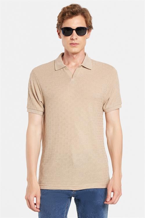 Erkek Slim Fit Dar Kesim Viskon Kumaş Desenli Düz Pike Düğmesiz Vizon Polo Yaka Tişört