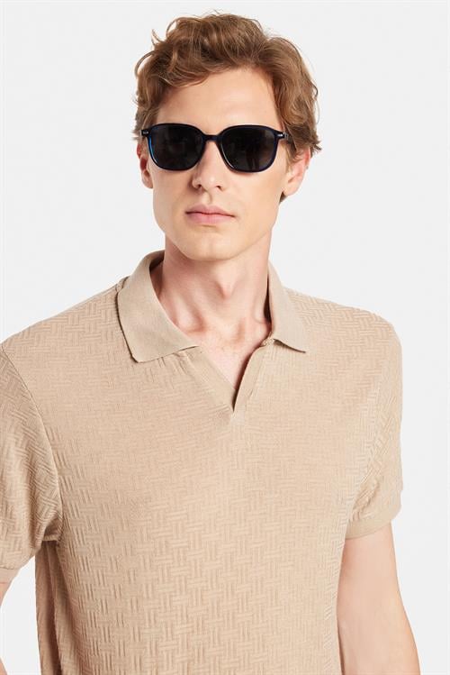 Erkek Slim Fit Dar Kesim Viskon Kumaş Desenli Düz Pike Düğmesiz Vizon Polo Yaka Tişört