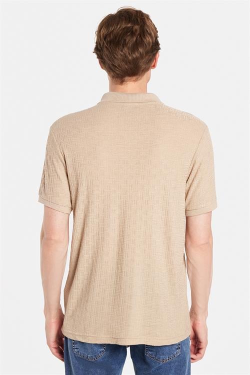 Erkek Slim Fit Dar Kesim Viskon Kumaş Desenli Düz Pike Düğmesiz Vizon Polo Yaka Tişört
