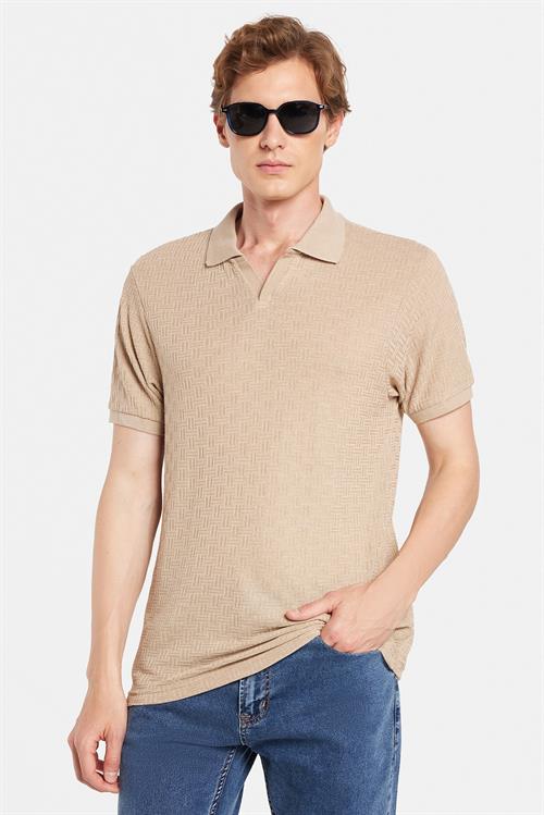 Erkek Slim Fit Dar Kesim Viskon Kumaş Desenli Düz Pike Düğmesiz Vizon Polo Yaka Tişört
